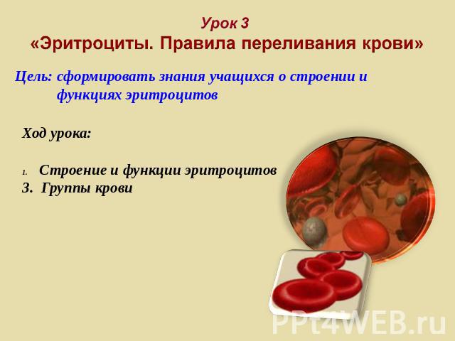 Цель: сформировать знания учащихся о строении и функциях эритроцитов Ход урока: Строение и функции эритроцитов 3. Группы крови