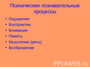 Психические познавательные процессы Ощущение Восприятие Внимание Память Мышление