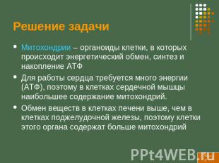 Решение задачи Митохондрии – органоиды клетки, в которых происходит энергетическ