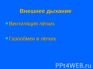 Внешнее дыхание: Вентиляция лёгких Газообмен в лёгких