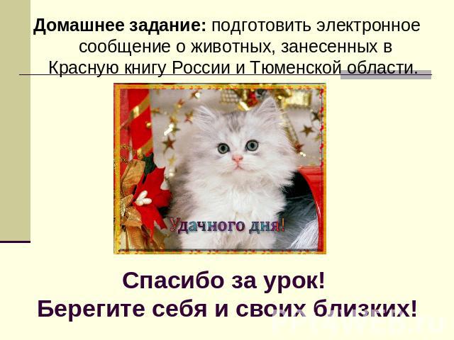 Домашнее задание: подготовить электронное сообщение о животных, занесенных в Красную книгу России и Тюменской области.