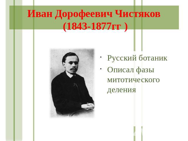 Иван Дорофеевич Чистяков (1843-1877гг ) Русский ботаник Описал фазы митотического деления