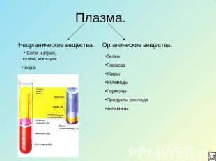 Плазма. Неорганические вещества Соли натрия, калия, кальция: вода Органические в