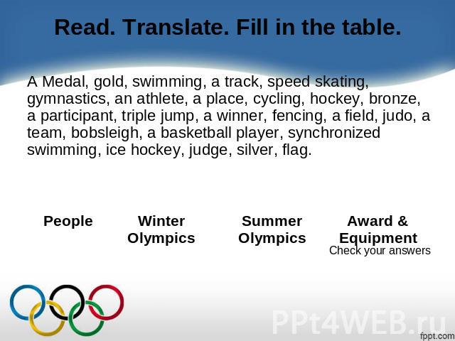 Read. Translate. Fill in the table. A Medal, gold, swimming, a track, speed skating, gymnastics, an athlete, a place, cycling, hockey, bronze, a participant, triple jump, a winner, fencing, a field, judo, a team, bobsleigh, a basketball player, sync…