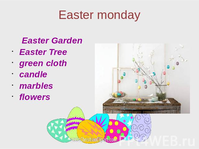 Easter monday Easter Garden Easter Tree green cloth candle marbles flowers