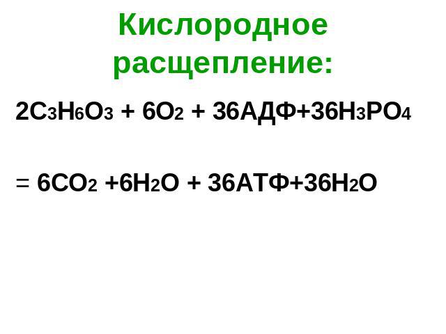 Кислородное расщепление: 2С3Н6О3 + 6О2 + 36АДФ+36Н3РО4 = 6СО2 +6Н2О + 36АТФ+36H2О
