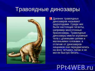 Травоядные динозавры Древних травоядных динозавров называют зауроподами. Среди н