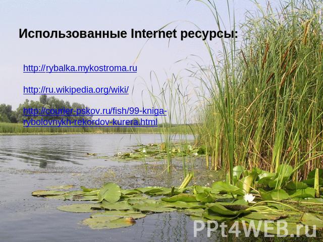 Использованные Internet ресурсы:http://rybalka.mykostroma.ruhttp://ru.wikipedia.org/wiki/http://courier-pskov.ru/fish/99-kniga-rybolovnykh-rekordov-kurera.html