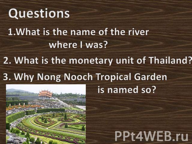 Questions1.What is the name of the river where I was?2. What is the monetary unit of Thailand?3. Why Nong Nooch Tropical Garden is named so?