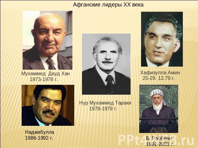 Афганские лидеры XX века Мухаммед Дауд Хан 1973-1978 г. Хафизулла Амин25-29. 12.79 г.Нур Мухаммед Тараки 1978-1979 г.Наджибулла1986-1992 г.Б. Раббани1992-2001 г.