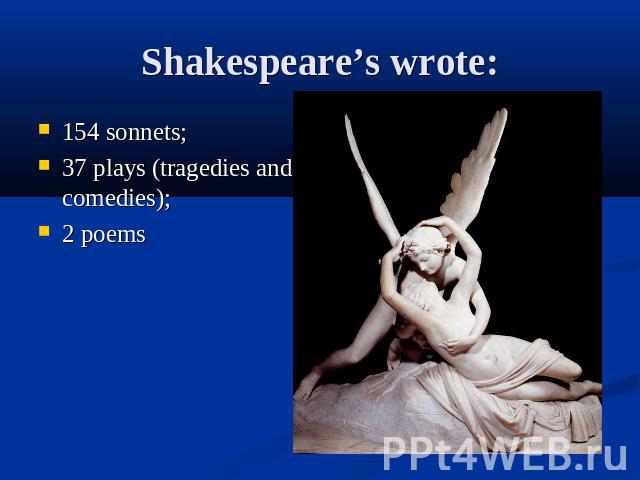 Shakespeare’s wrote:154 sonnets;37 plays (tragedies and comedies);2 poems