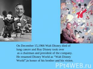 On December 15,1966 Walt Disney died oflung cancer and Roy Disney took over as a