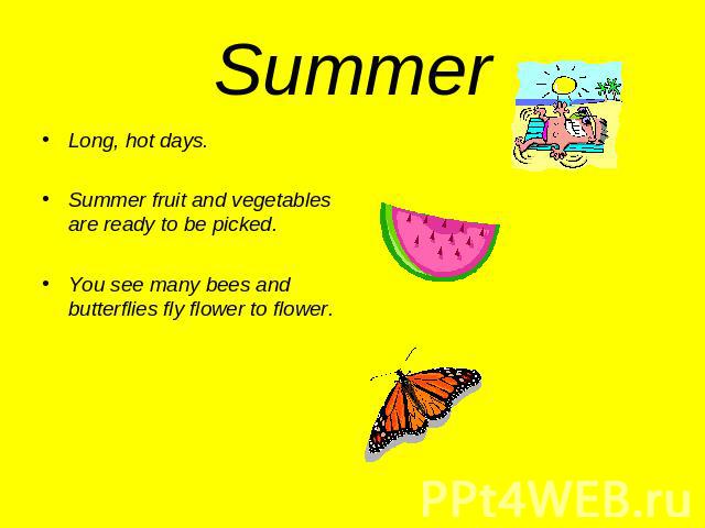 Summer Long, hot days.Summer fruit and vegetables are ready to be picked.You see many bees and butterflies fly flower to flower.