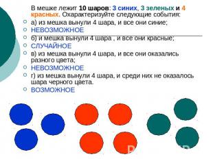 В мешке лежит 10 шаров: 3 синих, 3 зеленых и 4 красных. Охарактеризуйте следующи