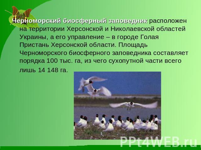 Черноморский биосферный заповедник расположен на территории Херсонской и Николаевской областей Украины, а его управление – в городе Голая Пристань Херсонской области. Площадь Черноморского биосферного заповедника составляет порядка 100 тыс. га, из ч…