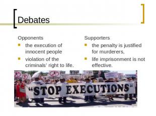 Debates Opponentsthe execution of innocent people violation of the criminals’ ri