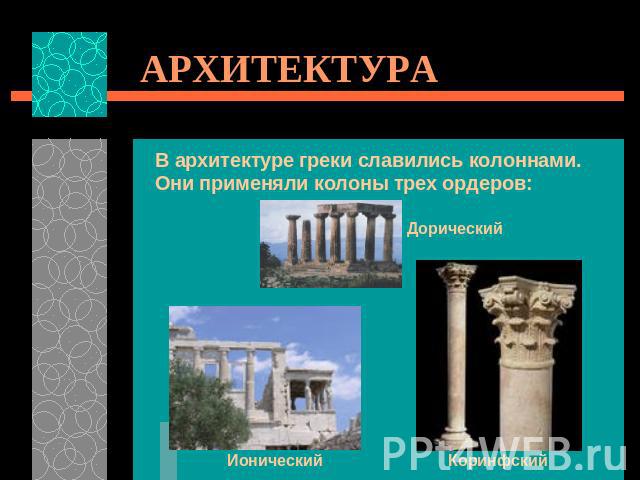 АРХИТЕКТУРА В архитектуре греки славились колоннами. Они применяли колоны трех ордеров:Дорический ИоническийКоринфский