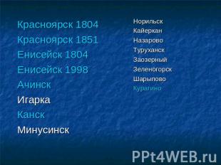 Красноярск 1804Красноярск 1851Енисейск 1804Енисейск 1998АчинскИгаркаКанскМинусин