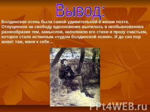 Вывод:Болдинская осень была самой удивительной в жизни поэта. Отпущенное на своб