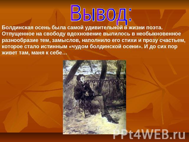 Вывод:Болдинская осень была самой удивительной в жизни поэта. Отпущенное на свободу вдохновение вылилось в необыкновенное разнообразие тем, замыслов, наполнило его стихи и прозу счастьем, которое стало истинным «чудом болдинской осени». И до сих пор…