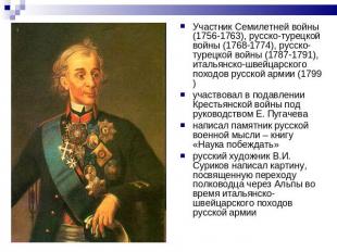 Участник Семилетней войны (1756-1763), русско-турецкой войны (1768-1774), русско