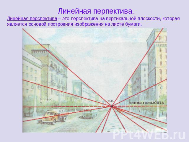 Линейная перпектива.Линейная перспектива – это перспектива на вертикальной плоскости, которая является основой построения изображения на листе бумаги.