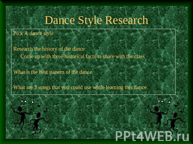 Dance Style Research Pick A dance styleResearch the history of the danceCome up with three historical facts to share with the classWhat is the beat pattern of the danceWhat are 3 songs that you could use while learning this dance