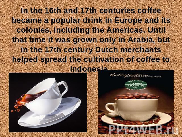 In the 16th and 17th centuries coffee became a popular drink in Europe and its colonies, including the Americas. Until that time it was grown only in Arabia, but in the 17th century Dutch merchants helped spread the cultivation of coffee to Indonesia.