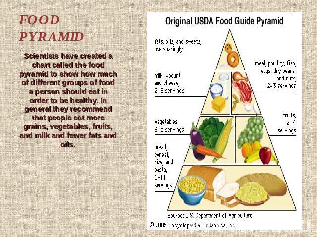 FOOD PYRAMID Scientists have created a chart called the food pyramid to show how much of different groups of food a person should eat in order to be healthy. In general they recommend that people eat more grains, vegetables, fruits, and milk and few…