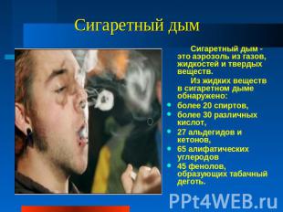 Сигаретный дым Сигаретный дым - это аэрозоль из газов, жидкостей и твердых вещес