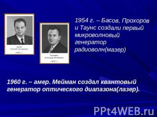 1954 г. – Басов, Прохоров и Таунс создали первый микроволновый генератор радиово