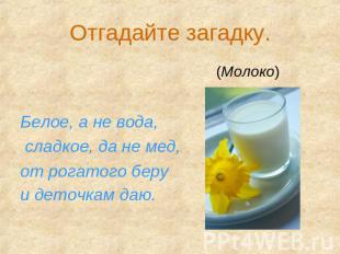 Отгадайте загадку. (Молоко)Белое, а не вода, сладкое, да не мед, от рогатого бер