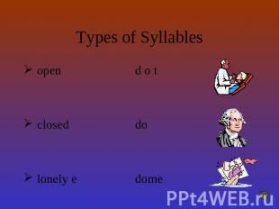 Types of Syllables opend o t closeddo lonely edome