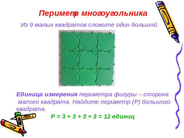 Периметр многоугольника Из 9 малых квадратов сложите один большой. Единица измерения периметра фигуры – сторона малого квадрата. Найдите периметр (Р) большогоквадрата. Р = 3 + 3 + 3 + 3 = 12 единиц