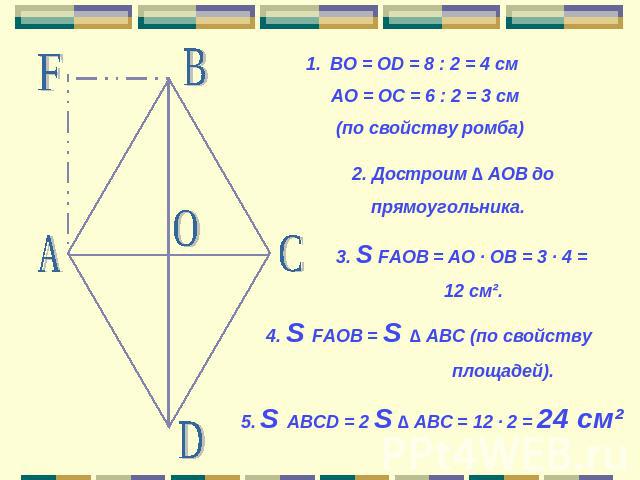 BO = OD = 8 : 2 = 4 см АО = ОС = 6 : 2 = 3 см (по свойству ромба)2. Достроим ∆ АОВ до прямоугольника.3. S FAOB = АО · ОВ = 3 · 4 = 12 см².4. S FAOB = S ∆ ABC (по свойству площадей).5. S ABCD = 2 S ∆ ABC = 12 · 2 = 24 см²