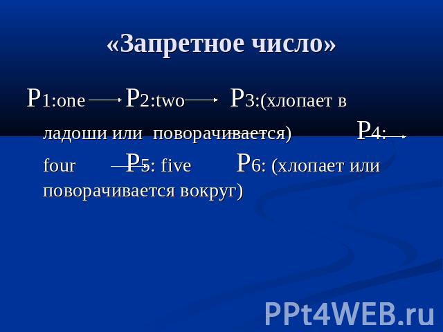 «Запретное число» P1:one P2:two P3:(хлопает в ладоши или поворачивается) P4: four P5: five P6: (хлопает или поворачивается вокруг)