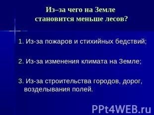 Из–за чего на Земле становится меньше лесов? 1. Из-за пожаров и стихийных бедств