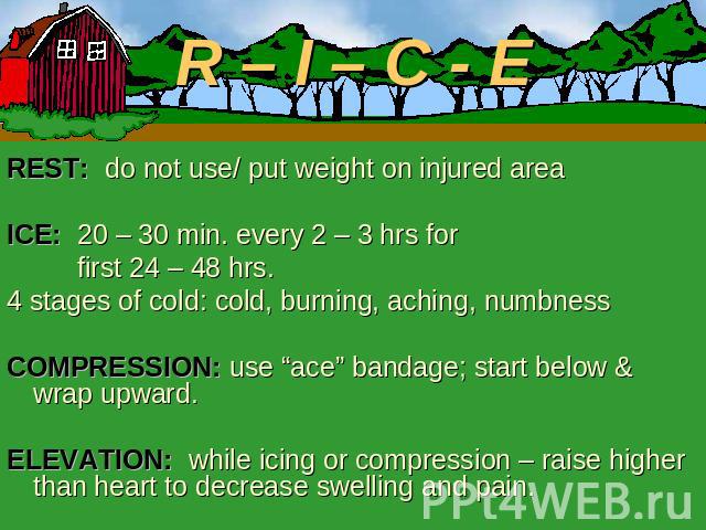 R – I – C - E REST: do not use/ put weight on injured areaICE: 20 – 30 min. every 2 – 3 hrs for first 24 – 48 hrs.4 stages of cold: cold, burning, aching, numbnessCOMPRESSION: use “ace” bandage; start below & wrap upward.ELEVATION: while icing or co…