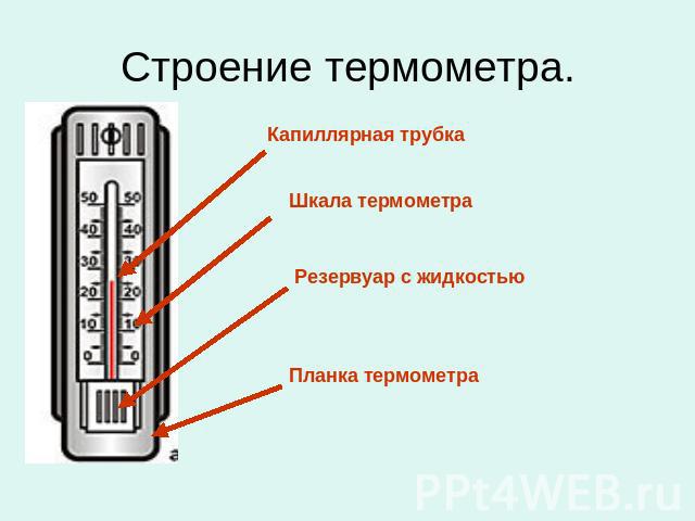 Строение термометра. Капиллярная трубкаШкала термометраРезервуар с жидкостьюПланка термометра