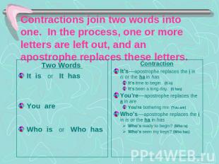 Contractions join two words into one. In the process, one or more letters are le
