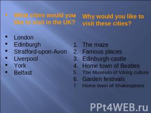 What cities would you like to visit in the UK?LondonEdinburghStratford-upon-Avon