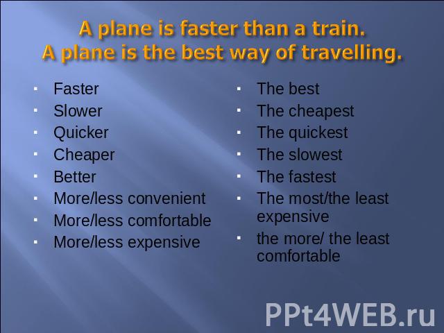 A plane is faster than a train.A plane is the best way of travelling. FasterSlowerQuickerCheaperBetterMore/less convenientMore/less comfortableMore/less expensiveThe bestThe cheapestThe quickestThe slowestThe fastestThe most/the least expensivethe m…