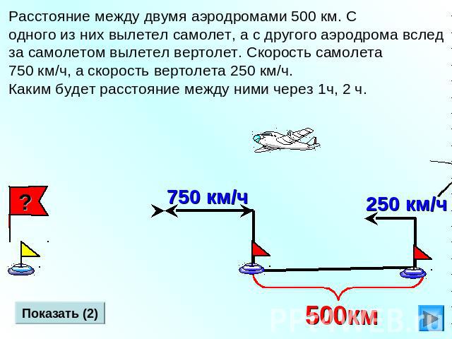Расстояние между двумя аэродромами 500 км. С одного из них вылетел самолет, а с другого аэродрома вслед за самолетом вылетел вертолет. Скорость самолета 750 км/ч, а скорость вертолета 250 км/ч. Каким будет расстояние между ними через 1ч, 2 ч.