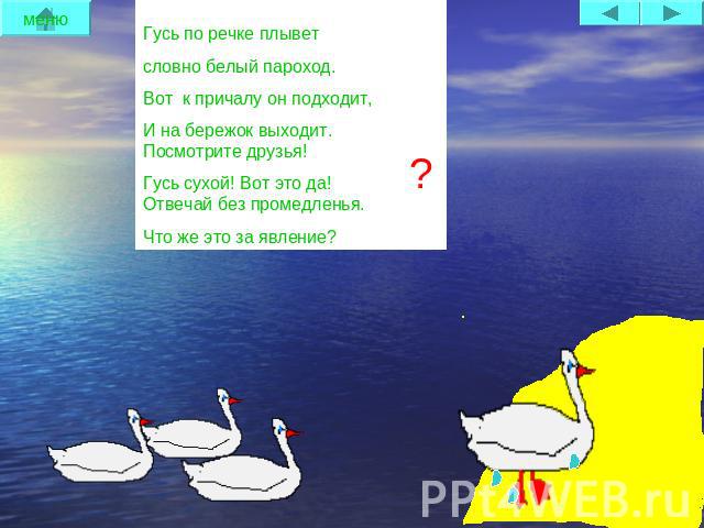 Гусь по речке плывет словно белый пароход.Вот к причалу он подходит,И на бережок выходит. Посмотрите друзья!Гусь сухой! Вот это да! Отвечай без промедленья.Что же это за явление?