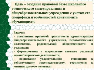 Цель – создание правовой базы школьного ученического самоуправления в общеобразо