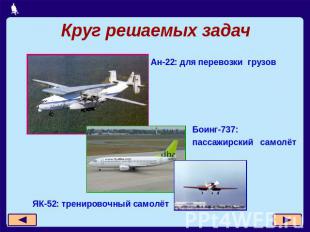 Круг решаемых задач Ан-22: для перевозки грузовБоинг-737:пассажирский самолётЯК-