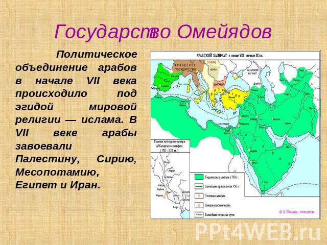 Государство Омейядов Политическое объединение арабов в начале VII века происходило под эгидой мировой религии — ислама. В VII веке арабы завоевали Палестину, Сирию, Месопотамию, Египет и Иран.