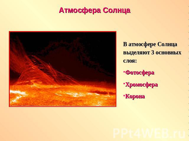 Атмосфера Солнца В атмосфере Солнца выделяют 3 основных слоя:ФотосфераХромосфераКорона