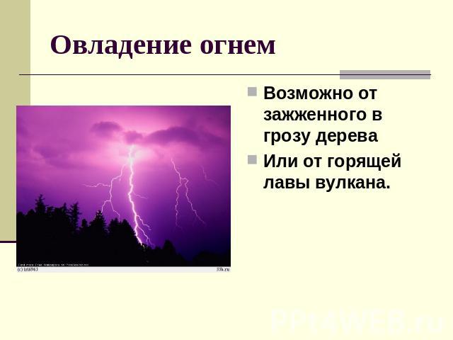 Овладение огнем Возможно от зажженного в грозу дереваИли от горящей лавы вулкана.