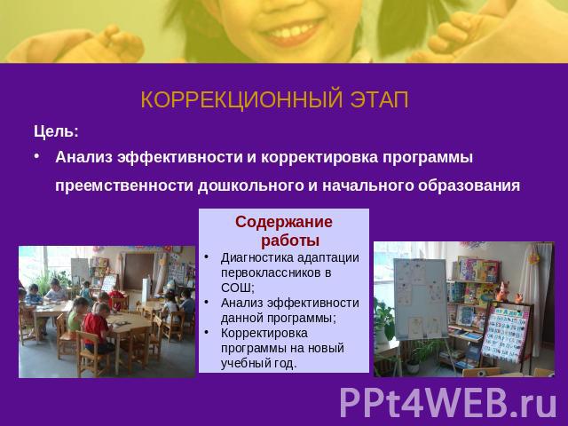 КОРРЕКЦИОННЫЙ ЭТАП Цель:Анализ эффективности и корректировка программы преемственности дошкольного и начального образования